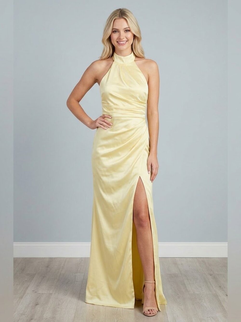 Azazie Yellow Satin Halter Maxi Dress Ruched Gown